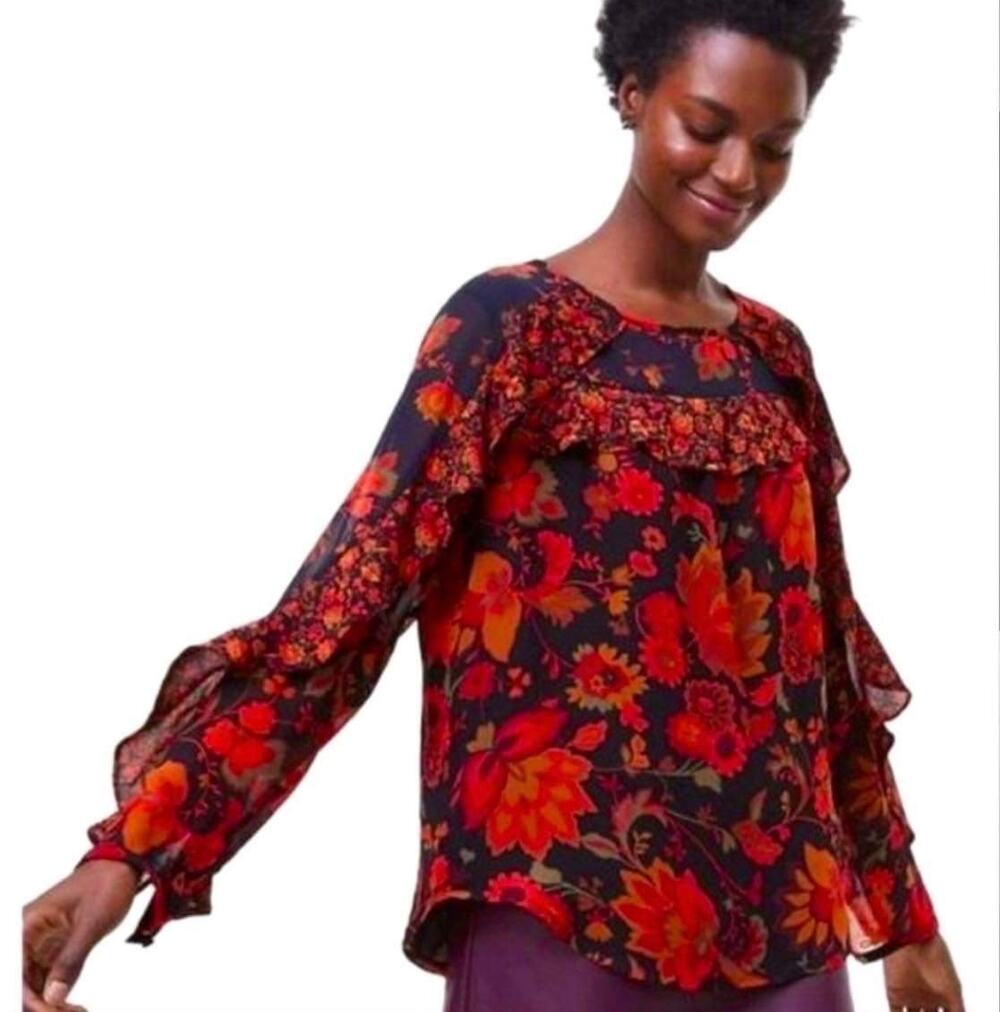 LOFT Black Red Floral Print Ruffled Round Neck Long Sleeve Blouse Size Small
